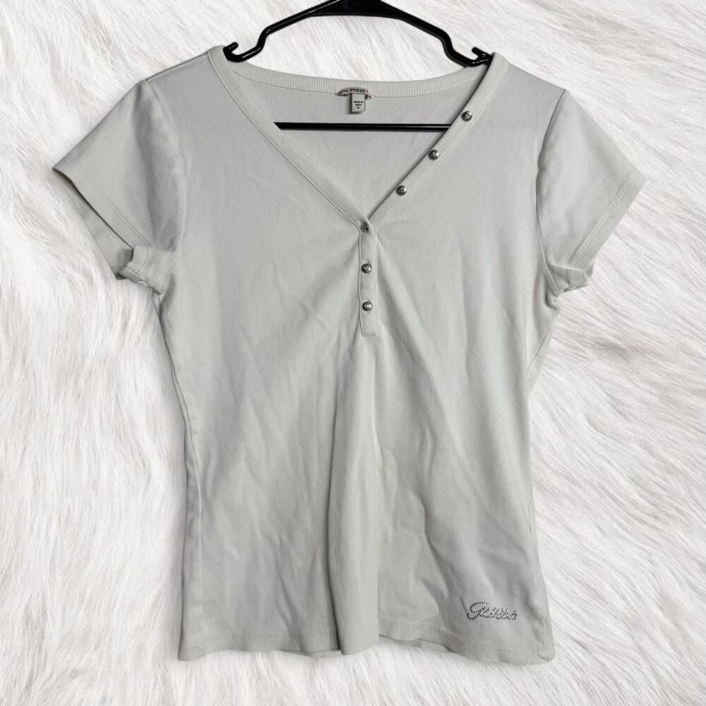 Y2K Guess USA organic cotton white tee rhinestone logo and buttons Size XL